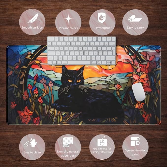 Black Cat Desk Mat Vintage Sunset Desk Mouse Keyboard Pad, XXL Large Mouse Pad Laptop Desk Mousepad with Stitched Edges, Keyboard Pad Mouse Mat for Work Game Office Desk Accessories 31.5x15.7 in