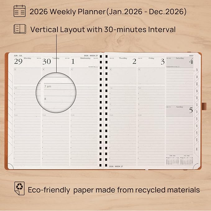 POPRUN 2026 Planner - 2026 Recycled Weekly Planner [Italian Regenrated Leather - Medium Size 8.5'' x 10.5''] - 2026 Weekly Planner with Hourly Schedule, Monthly Tabs-26-WERK7-DST - Desert Brown