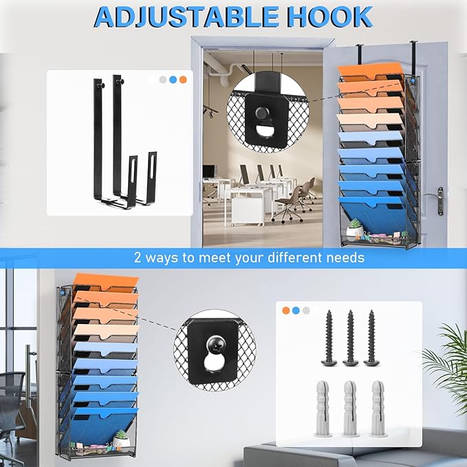 Wall File Organizer, 10 Pockets Mesh Hanging File Organizer, Wall Mount File Paper Folder Holder With Hooks, Wall Organizer Magazine Document Mail for Office School, Black