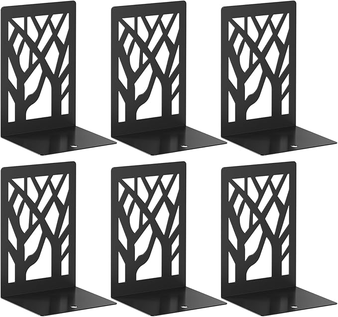 VFINE 6-Piece Modern Metal Bookends for Shelves, Black Tree Book Ends for Books, Decorative Book Organizer for Desk, Non-Skid Shelve Bookends for Home Office