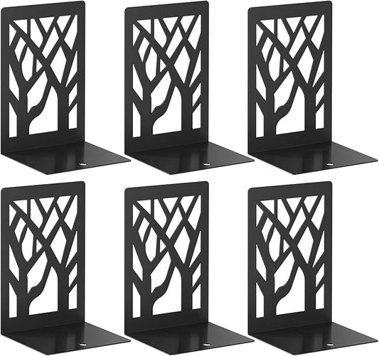 VFINE 6-Piece Modern Metal Bookends for Shelves, Black Tree Book Ends for Books, Decorative Book Organizer for Desk, Non-Skid Shelve Bookends for Home Office