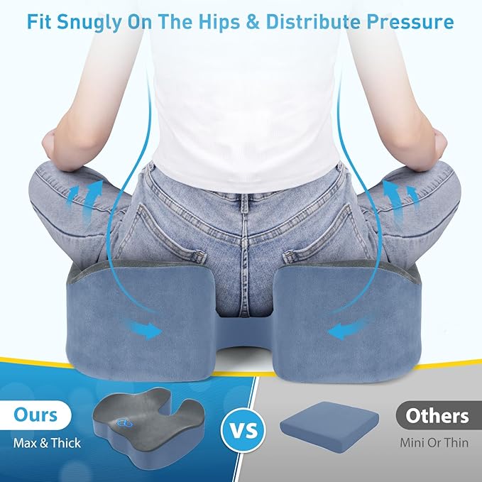BlissTrends Seat Cushion,Thick Memory Foam Cushions for Office Chair, Car Seat, Airplane, Relieving Pressure Tailbone Sciatica Back Pain for Office Workers, Car Drivers 4.7in Thick Dark Grey&Blue