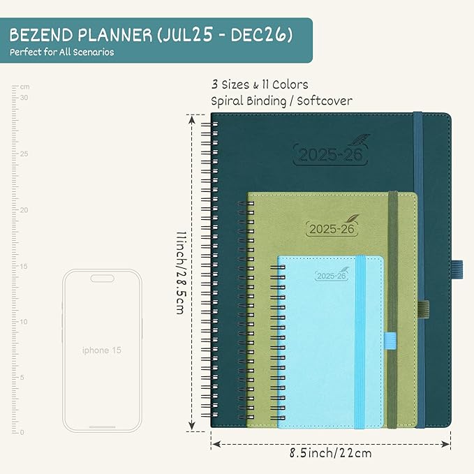 BEZEND 2026 Planner Weekly and Monthly (8.5" x 11") Daily Calendar Book with Tabs (Jul 25-Dec 26) Vertical Hourly Timeslots, Storage Pocket, Pen Holder, Spiral, PU Leather Softcover - Blueberry