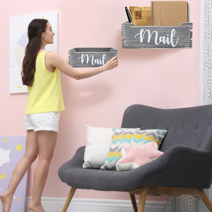 Mail Organizer Mail Holder Countertop, Wood Mail Basket for Wall Table Desk, Envelope Bill Holder for Home Office Decor (Grey)