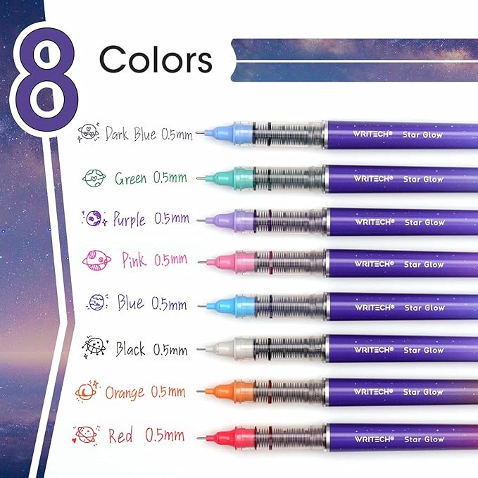 WRITECH Liquid Ink Rollerball Pens: 8ct Assorted Colors Extra Fine Point Tip 0.5mm Rolling Pen for Smooth Writing Coloring Drawing Journaling No Bleed & Smear &Smudge Multi Colored