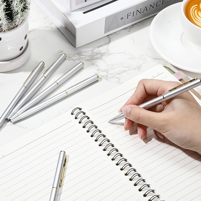 Lincia 100 Pieces Silver Slim Metal Ballpoint Pen 1 mm Medium Black Ink Smooth Writing Silver Retractable Point Metal Pen for Office Business Students Teachers Wedding Guest(Classic)