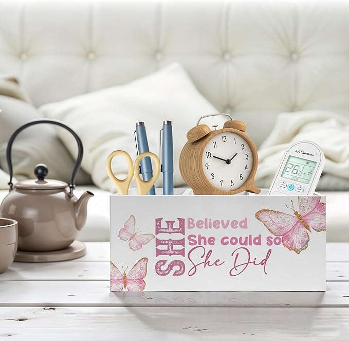 She Believed She Could Pencil Pen Holder for Desk, Inspirational Gifts for Women, Retro Coquette Butterfly Wooden Pencil Holder Organizer for Home Office Desk Accessories