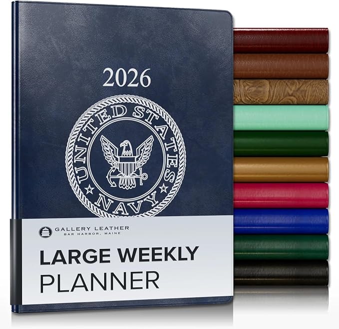 Gallery Leather Large Weekly Monthly Planner 2025-2026, Elegantly Bound Calendar Planner and Notebook with Stylish Gold-Gilded Page Edges, 12 Months - Acadia Navy - US Navy - 9.75 x 7.5 "
