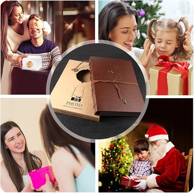 ThxMadam Leather Scrapbook Photo Album Vintage Wedding Guest Book DIY Memories Book with 60 Black Pages Present for Valentines Mother's Anniversary Day Birthday Christmas Gift for Wife Mum Daughter