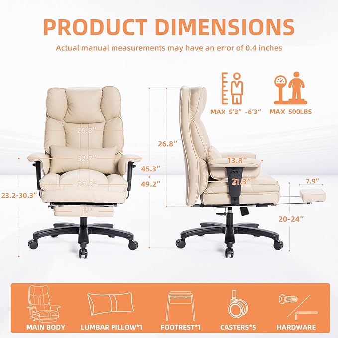 Big and Tall Office Chair 500lbs Wide Seat Executive Office Desk Chair High-Back Office Task Chair with Foot Rest, Ergonomic Lumbar Support Computer Office Chairs for Heavy People(Beige)
