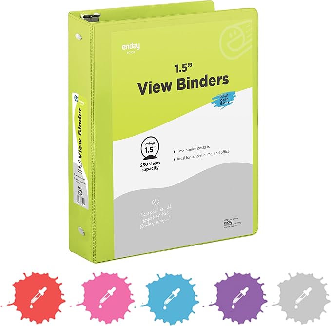 3 Ring Binder 1.5 Inch Green, 1 ½ inch Binder Clear View Cover with 2 Inside Pockets, Colored School Supplies Office and Home – by Enday