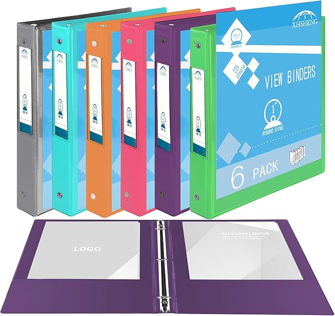 3 Ring Binders,1” Round Ring, Holds 8.5 * 11inch Papers, with 2 Pockets,6 Colors Binder Assorted Pack