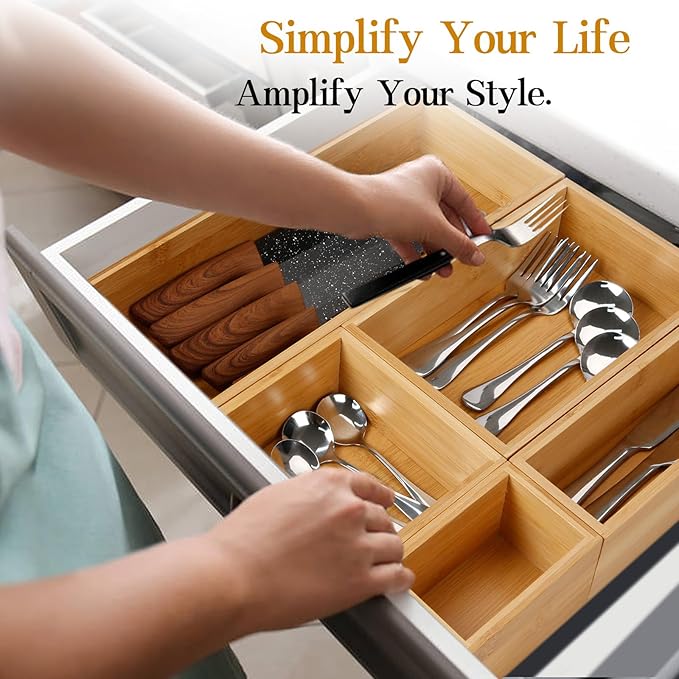 Secura Kitchen Drawer Utensil Organizer Box Set 𝟱 𝗣𝗮𝗰𝗸, Bamboo Utensil Holder Cutlery Makeup Silverware Jewelry Flatware Organization Tray for Kitchen, Bathroom, Office and Living Room