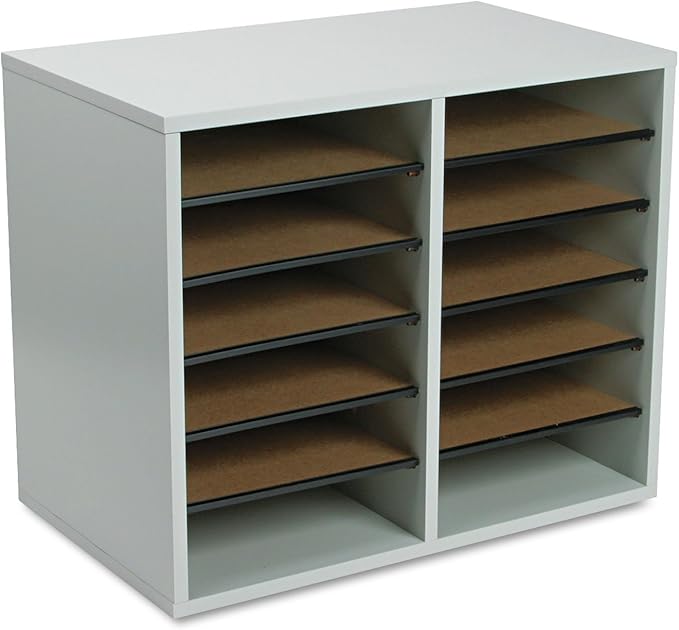 Safco Literature Organizer, 12 Compartments, Office and Classroom Mailbox with Adjustable Shelves, Wood Paper and Mail Sorter, Gray