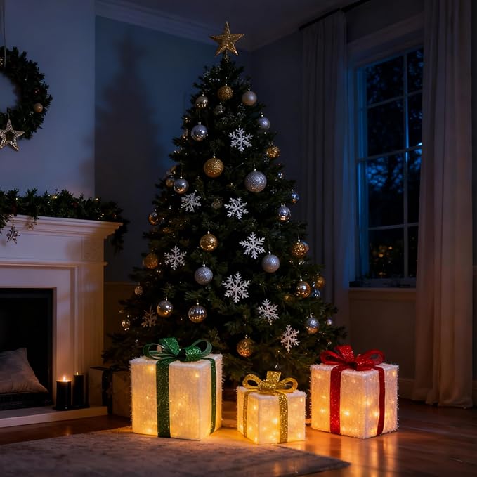 Set of 3 Christmas Lighted Gift Boxes, Large Gift Boxes for Christmas Decorations Outdoor, 50 LED Xmas Box Decorations, Plug-in Warm White Present Box for Indoor/Outdoor, Xmas Tree, Home