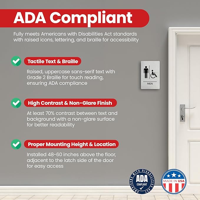 Promot Men and Women Handicap Restroom Sign – ADA Braille Bathroom Sign for Business, Self-Adhesive, 9" x 6", Commercial Door Signage, Office Wall Decor - Brushed Steel