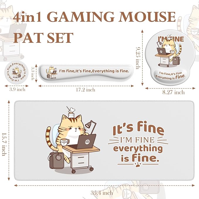 iCasso Desk Mat Set,Large Mouse Pad with Wrist Support,Cute Cat Wrist Support for Keyboard,Non-Slip Computer Mat with Stitched Edges, Anime Desk Cover Protector for Office Home Dorm