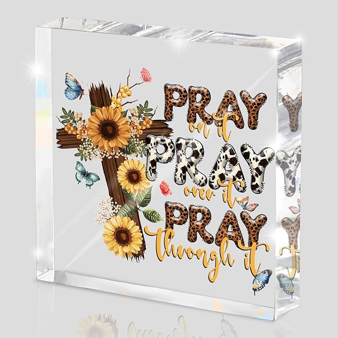 Power in Prayer Inspirational Decor, Pray Over It Bible Verse Wall Art Christian Gifts for Women, Scripture Desk Sign for Modern Home Office Room Bathroom Bedroom Decoration 4x 4 Inches (Leopard)