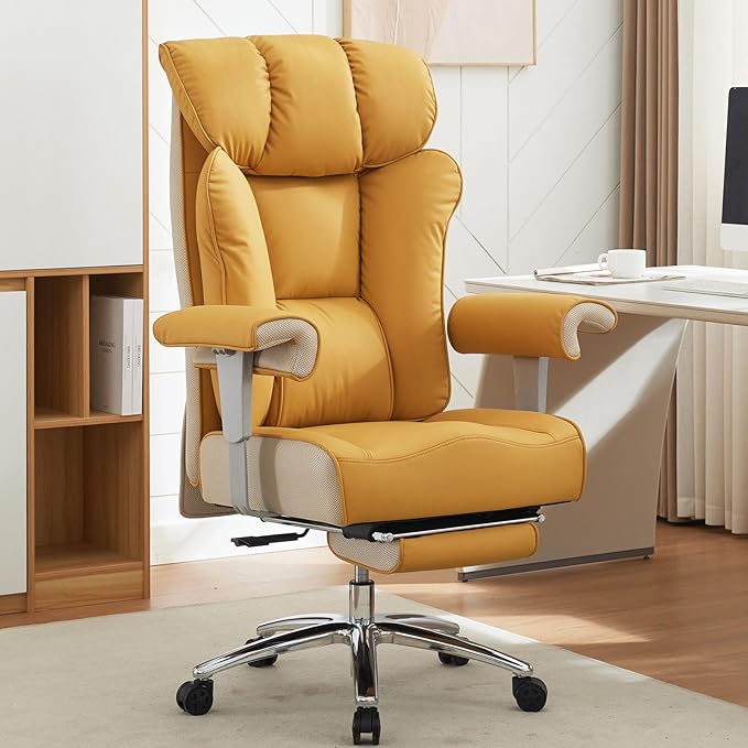 Efomao Big and Tall Green Office Chair 450LBS – Ergonomic High-Back Executive Chair with Footrest, Adjustable Padded Armrests, PU Leather Computer Chair with Lumbar Support for Home or Office, Yellow