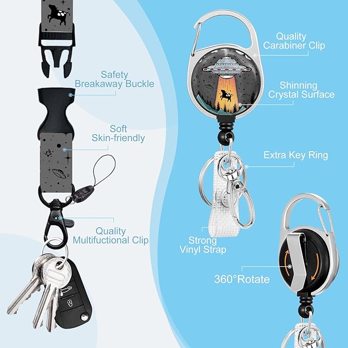 Gctriki Lanyards for ID Badges and Keys, Funny Badge Reel Retractable Heavy Duty with 360° Swivel Carabiner Clip, Funny Art UFO ID Badge Holder with Breakaway Lanyard, Teacher Nurse Office Gifts