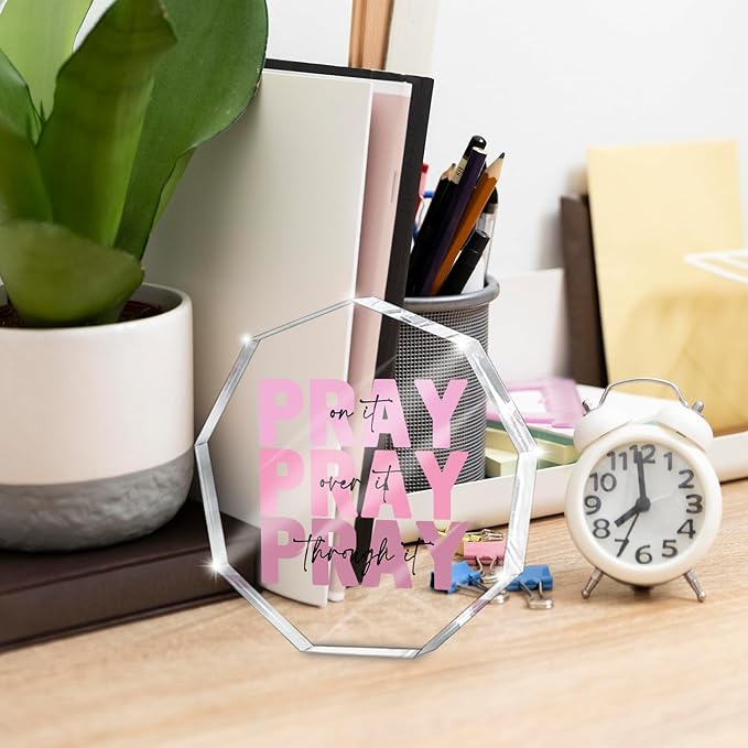 Pink Christian Gifts for Women, Appreciation Gifts for Women, Pink Desk Decorations for Office, Dorm Room Decor, Christian Desk Plaque- Pray on it-Bible Verse Decoration(Nonagon)