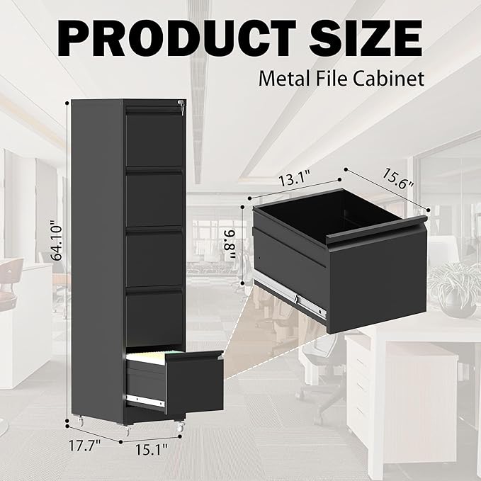 5 Drawers Filing Cabient with Wheel, File Cabinet with Lock, Steel Vertical Filing Storage Cabinet for Office, Heavy-Duty File Cabinets for Letters/Legal/A4 (Require Assembly, Black)