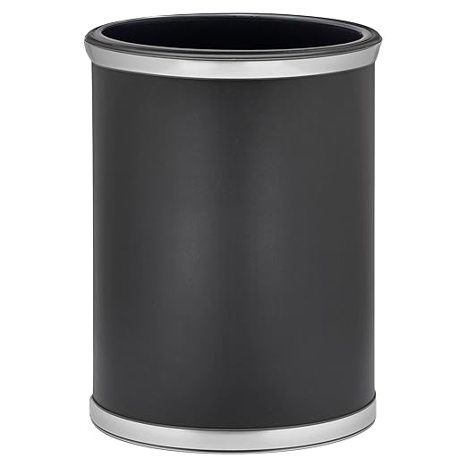Kraftware Sophisticates Oval Wastebasket with Plastic Liner, Adding Classic Style to The Bathroom and All Other Rooms in The Home or Office, 13 Quart Capacity, Black with Brushed Chrome Trim