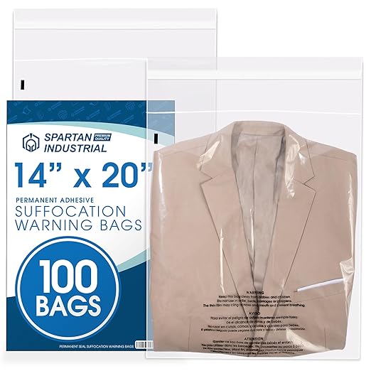 Spartan Industrial - 14” X 20” (100 Count) Self Seal Clear Poly Bags with Suffocation Warning for Packaging, Clothes & Shipping - Permanent Adhesive