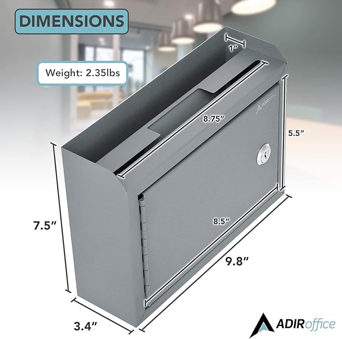 Adir Suggestion Box with Slot and Lock - Money Drop Box with Lock, Cash Dropbox - 9.8x7.5x3.4 Inches Wall Mount Donation Box - Metal Deposit Box in Gray