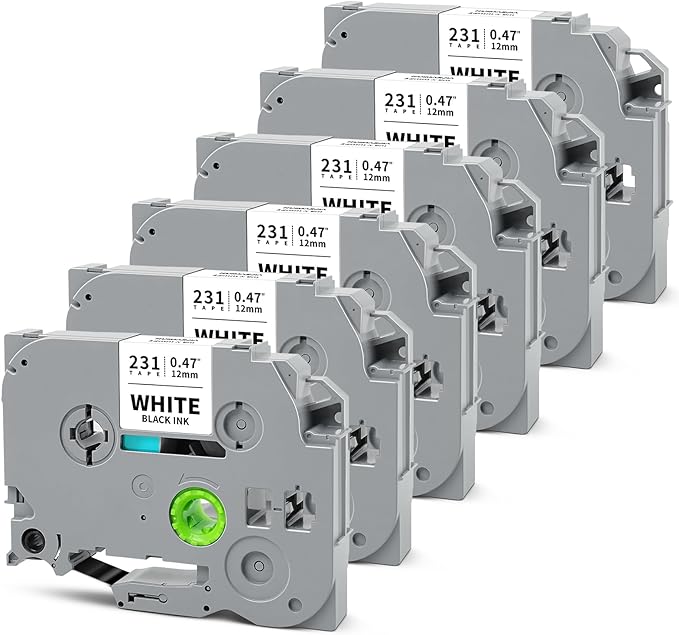 6-Pack 12mm 0.47" Black on White Label Tape Compatible for Brother Tze-231 PTouch 12mm 0.47" White Tze Tz Tape 12mm 1/2" Label Maker Tape for PT-D220 PT-D210 PT-D200 PT2430 PT1890 PT-D610BT