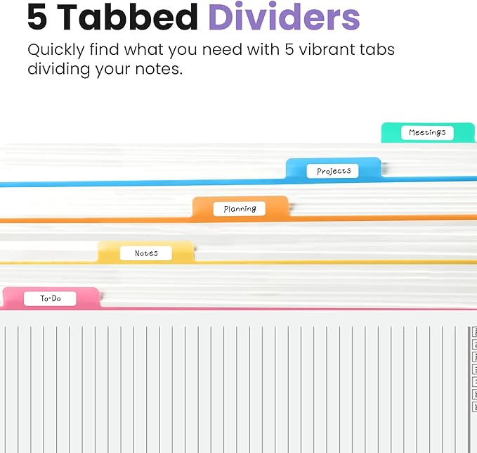 Hardcover Spiral Journal Notebooks for Work With Removable Dividers & Tabs, 8.5"x11" 5 Subject Notebook for Note Taking & Organizer, A4 College Ruled Lined Journal for Women & Writing, Lilac Purple, 280 Pages