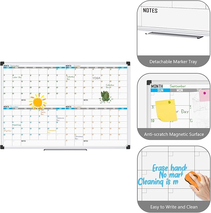 XBoard Magnetic Calendar Whiteboard 48" x 36" - 4 Month Colorful Calendar Dry Erase Board for Monthly Planning, Silver Aluminium Framed