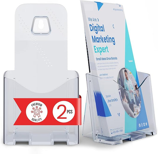 Acrylic Brochure Holder 4x9” (2-Pack) Clear Slant Back Display Stand for Flyers, Pamphlets, Table Signs, Menus, or Literature in Office, Store, Reception, or Home