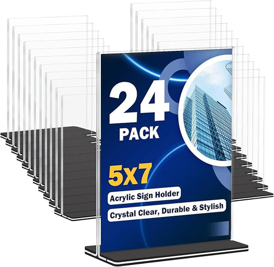 Acrylic Sign Holder 5 x 7, 24 Pack Clear Double-Sided Acrylic Display Stand for Vertical Tabletop Use, Perfect for Menus, Flyers, and Paper in Restaurants, Hotels, Office