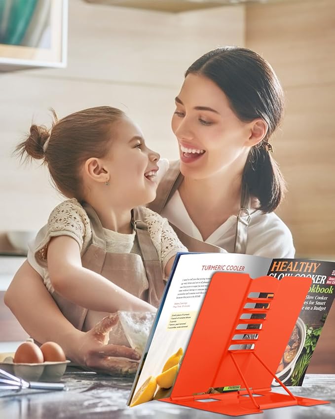 MSDADA Desk Book Stand Metal Reading Rest Book Holder Adjustable Cookbook Documents Holder Portable Sturdy Bookstands for Recipes Textbooks Tablet Music Books (Orange)