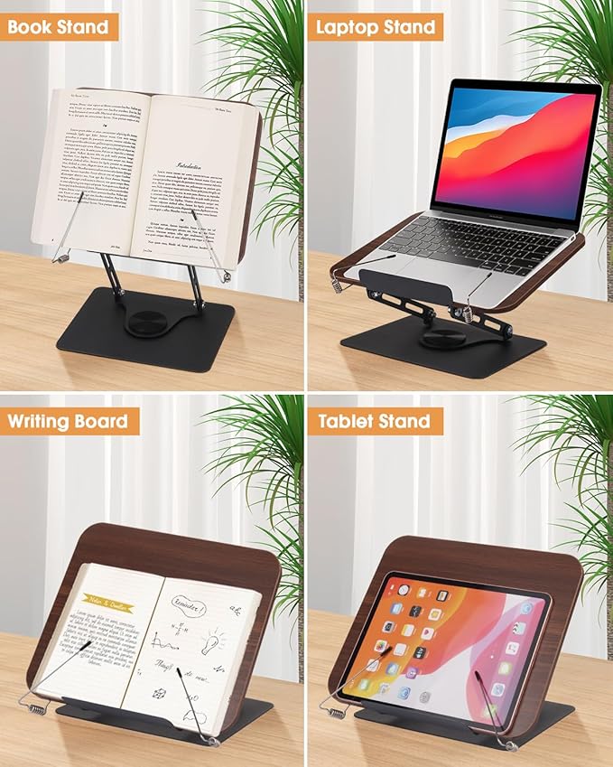 Honagu Book Stand for Reading, Adjustable Book Holder with 360 Degree Rotating Base & Page Clips, Hands Free Foldable Desktop Cookbook Stand for Sheet Music, Laptop, Recipe, Textbook (Brown Wood)