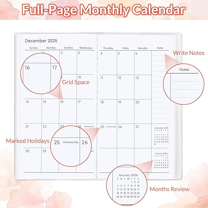 Pocket Calendar 2025-2027, Floral 2026-2027 Monthly Planner - 3.7" x 6.7" - Runs from July 2025 Until December 2027, 2026 Pocket Planner with PVC Cover for Home, School, Office Supplies