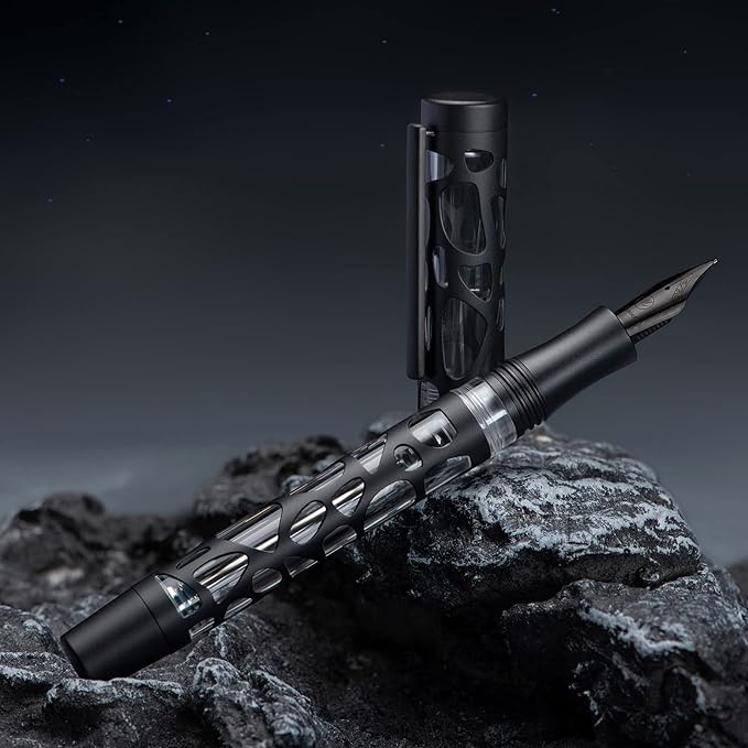 Asvine V169 Vacuum Filling Fountain Pen, Matte Black Water Drop Skeleton Transparent Acrylic Pen, Black Medium Nib Office Pen with Case Set