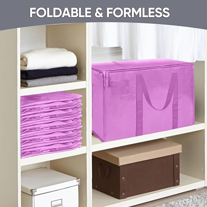 TICONN 8 Pack Extra Large Moving Bags with Zippers & Carrying Handles, Heavy-Duty Storage Tote Moving Boxes for Space Saving (8 Pack, Pink)