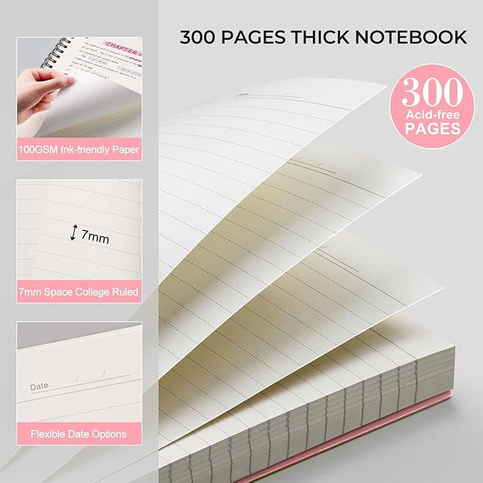 AHGXG Spiral Notebook College Ruled - Spiral Journal Perforated Notebook A4 8.5" x 11", 300 Pages Easy Tear Perforated Pages, 100GSM Thick Paper, Plastic Hardcover, for Writing Work School, Pink