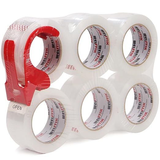 WELSTIK Packing Tape 660 Yards, 6 Pack 2 inch x 110 Yards Heavy Duty Clear Packaging Tape with Dispenser, Industrial Shipping Box Transparent Packing Tape for Moving, Office, Home
