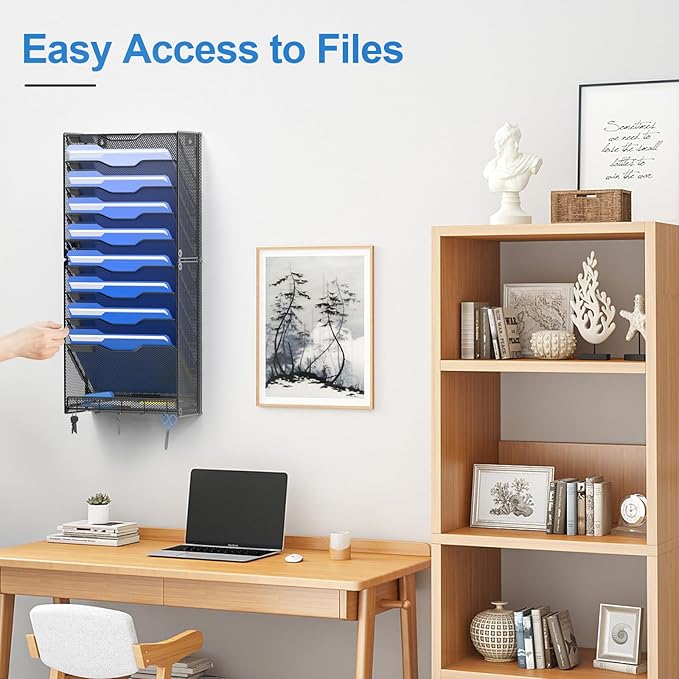 OUTWOLF 10 Tier Hanging Wall File Organizer Wall Mount Paper Document Folder Holder with Hooks for Home Office Organization