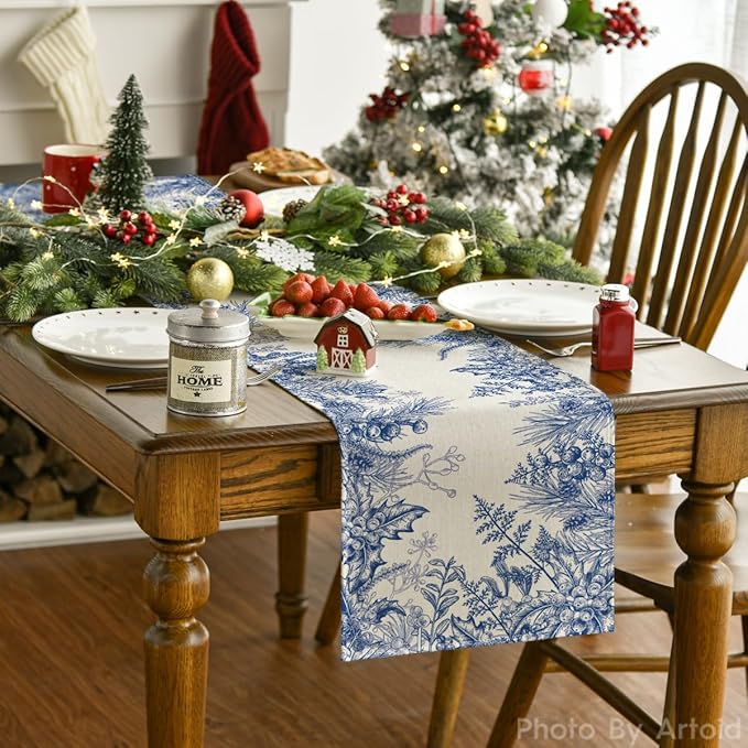 Artoid Mode Monochrome Sketch Holly Pine Cone Christmas Table Runner, Seasonal Winter Kitchen Dining Table Decoration for Home Party Decor 13x72 Inch