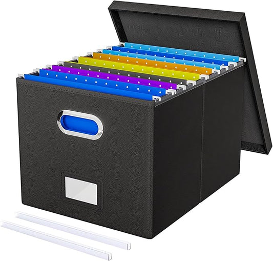 Oterri File Organizer Box with Lid - Portable Hanging File Box for Letter/Legal Files, Office/Decor/Home, 1 Pack, Black Leather