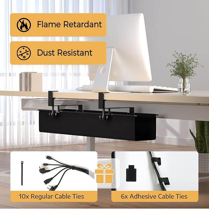 Under Desk Cable Management Tray 27.2" - No Drill Computer Wire Organizer Cable Tray, Cord Hider Clamp Mount with 16X Cable Ties PC Cables Management Cord Holder for Office/Home (Upgrade Fabric,Black)