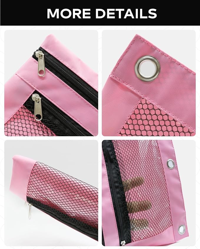 3 Ring Binder Pencil Pouch - School Pencil Case with 2 Zippered Pockets, Clear Mesh Window Pencil Bag, B5 Size, Back to School Gifts (Pink)
