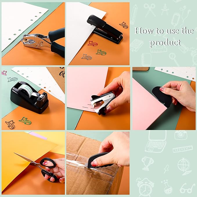 Tenare 7 Pcs Black Office Supplies Desk Accessory Kit, Stapler and Tape Dispenser Set with Stapler Remover, Single Hole Punch, Scissors, Telescopic Knife Keychain, Envelope Slitter Mail Opener