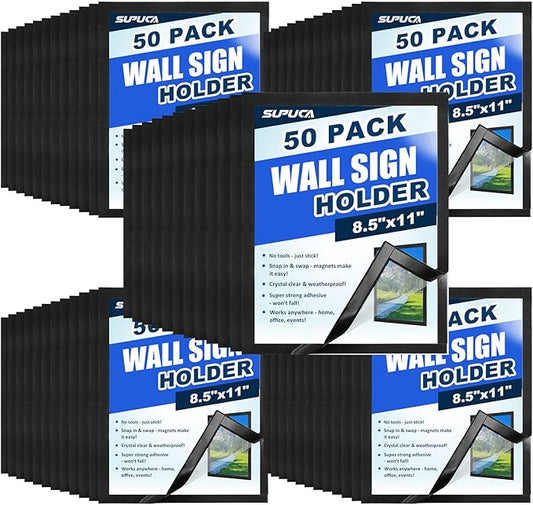 Magnetic Sign Holder & Picture Frame 8.5 x 11 - Self-Adhesive Magnetic Frames with Strong Magnet Border, Clear PVC Document/Poster/Paper Wall Mount Holder for Home Office Store, 50 Pack