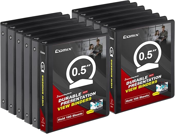 COMIX Sturdy 3 Ring Binder 0.5 inch with Clear View Cover, 1/2" Round Ring View Binder, PVC-Free, 100 Sheets Capacity of US Letter Size Paper, Office ＆ School Supplies, Pack of 12 (Black)