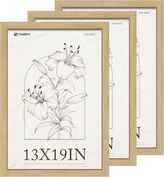 13x19 Picture Frame 3 Pack, Natural Oak Wood Grain & HD Tempered Glass, Gallery Poster Frame - Wall Hanging